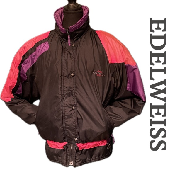 VINTAGE 80s 90s Edelweiss Skiwear Puffer Ski Jacket Snow Parka Black Pink Purple - Picture 1 of 16